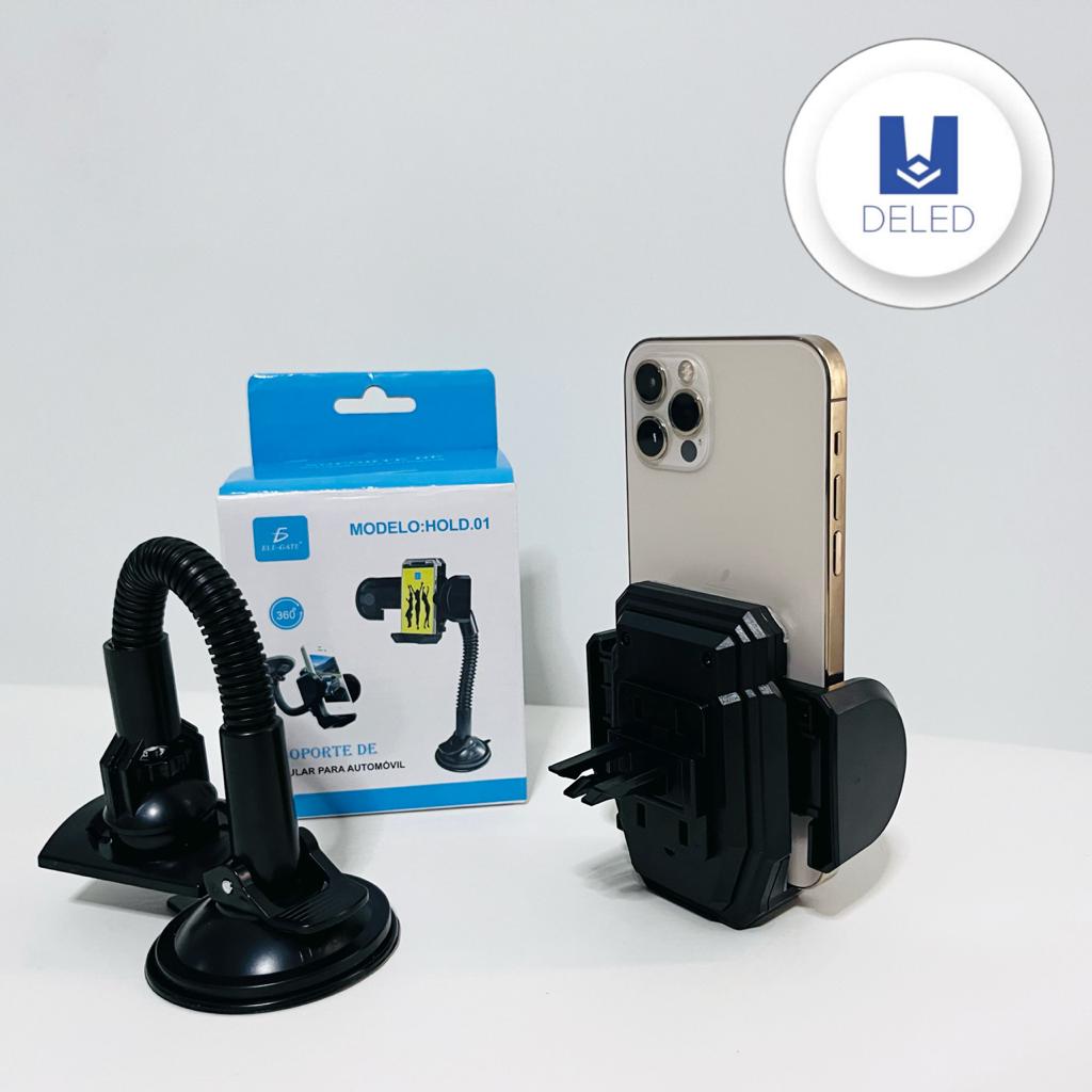 Soporte de Celular para Automóvil con Ventosa para Vidrio y Adaptador para Rejilla ELE-GATE HOLD.01