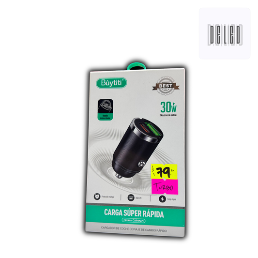 Cargador / Adaptador de 2 Puertos TURBO USB-C Tipo C y USB QC3.0A para Automóvil BUYTITI CAR-PD71