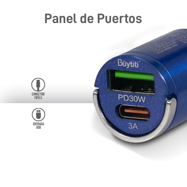 Cargador / Adaptador de 2 Puertos TURBO USB-C Tipo C y USB QC3.0A para Automóvil BUYTITI CAR-PD71