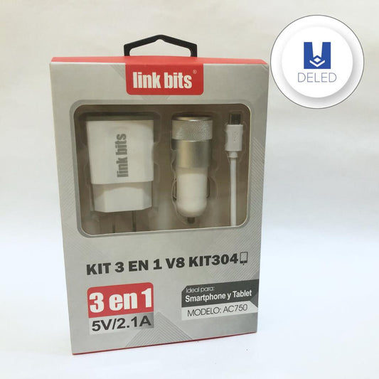 LIQUIDACION Cargador Completo de Pared, Automóvil y Cable USB V8 2.1A, Kit 3 en 1, LINK BITS KIT304