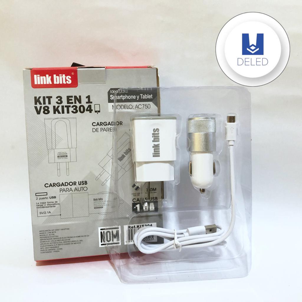 LIQUIDACION Cargador Completo de Pared, Automóvil y Cable USB V8 2.1A, Kit 3 en 1, LINK BITS KIT304