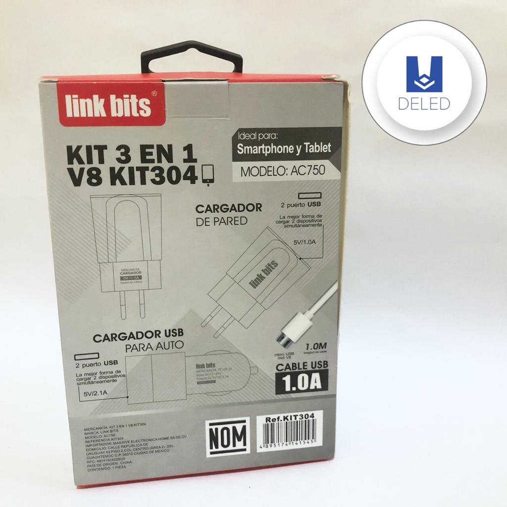 LIQUIDACION Cargador Completo de Pared, Automóvil y Cable USB V8 2.1A, Kit 3 en 1, LINK BITS KIT304